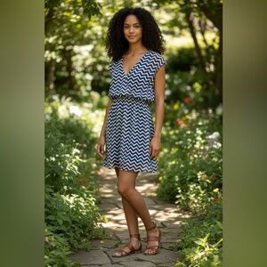 Speechless Navy & Ivory Chevron Fit & Flare Dress | Size Small | Lined